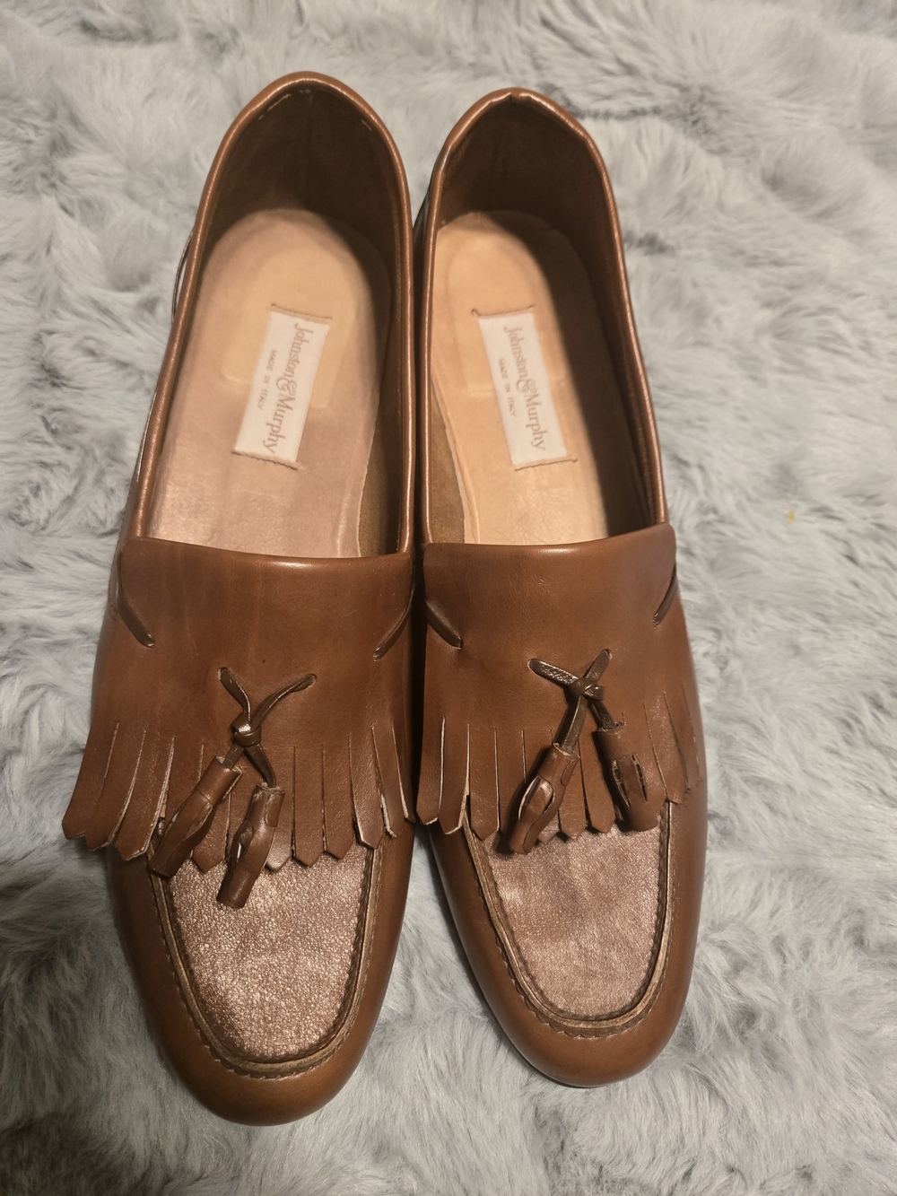 Vintage Johnston & Murphy Cognac Brown Leather Kiltie Tassel Loafers 12 M